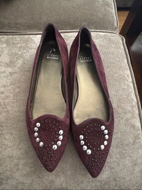 Stuart Weitzman Burgundy Suede Pointed Toe Flats with Rhinestone Heart